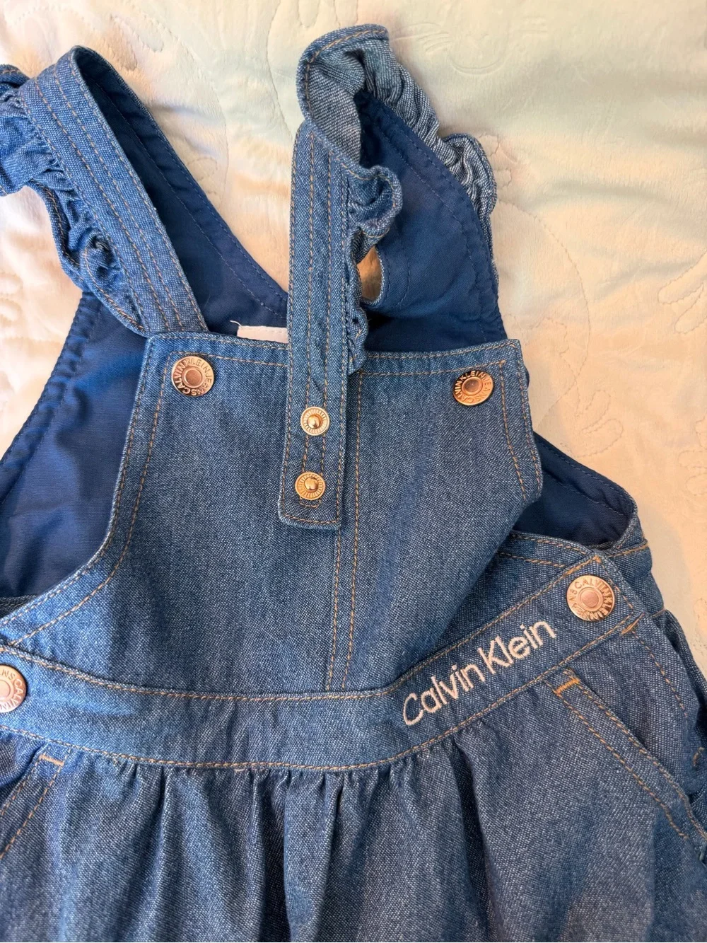 Calvin Klein Blue Denim Pinafore with Pink Floral Bodysuit 18M